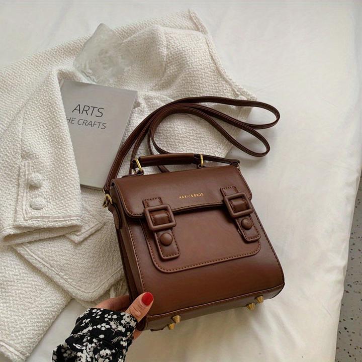 Only-Bags.Store Vintage Klappe Rucksack, Schnalle Dekor Schule Tasche, PU Top Handle Crossbody Bag