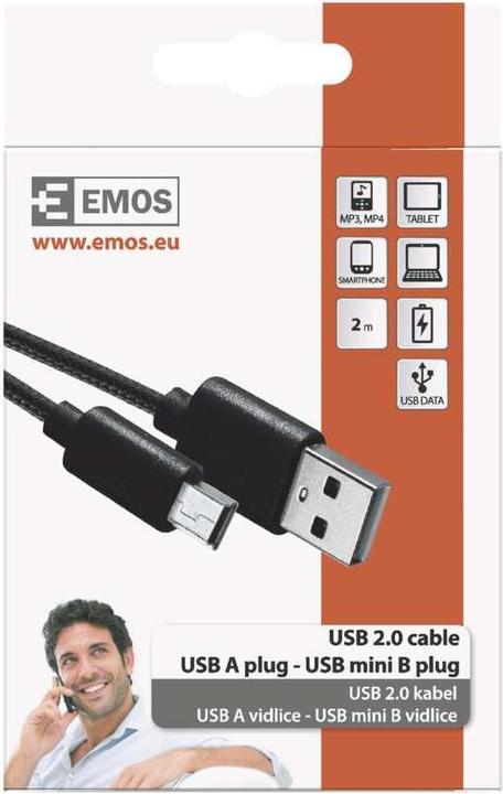 Actual product image Emos USB cable 2.0 A plug - Mini B plug 2m, black (2 m, USB 2.0)