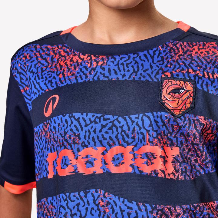 Kipsta Kinder Fussball Trikot kurzarm - VIRALTO Kids Roarrr Rhino Streifen blau/violett (5, 6)