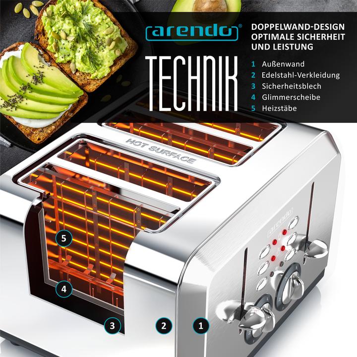 Immagine prodotto Arendo Tostapane in acciaio inox 4 fette, automatico, acciaio inox, involucro termoisolante a doppia