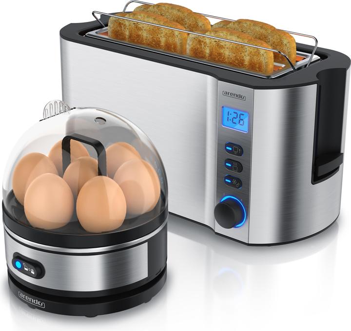 Immagine prodotto Arendo Set per la colazione, tostapane a 4 fessure lunghe con portapane e cuociuova per 7 uova, argento