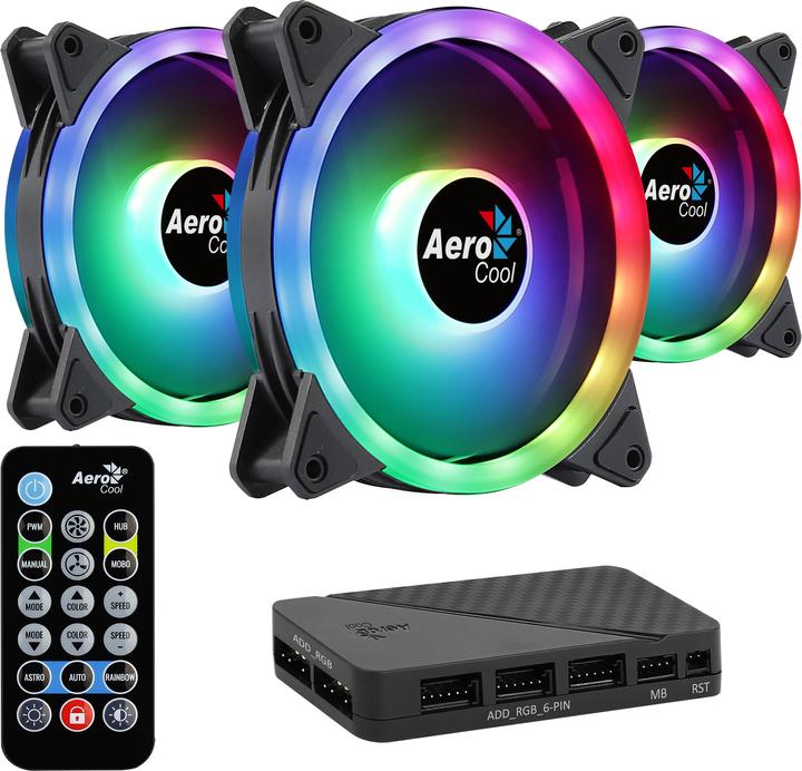Actual product image AeroCool DUO12PRO Kit 3xFan 12cm ARGB LED Dual Ring Antivibration 6 Pins Black (120 mm, 3 x)