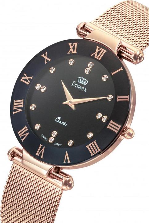 Image du produit Primex Montre Dame Swiss Made Bracelet Metal Rose Cadran Noir Etanche 30 M Grande (Montre analogique, 40 mm)