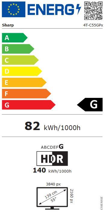 Etichetta energetica Sharp 55GP6265E 55" UHD Google Smart TV argento (55", LED, 4K, 2025)