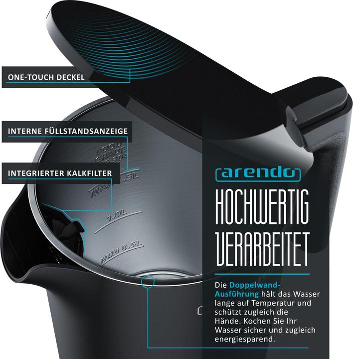 Immagine prodotto Arendo Bollitore da 1,5 l, 1800 W, acciaio inox, design a doppia parete, con display analogico della (1.50 l)