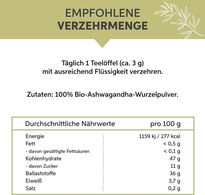 Valori nutrizionali e ingredienti Eltabia Polvere di Ashwagandha biologica | Ginseng indiano in qualità di alimento crudo e vegano (Pillole, 200 g)