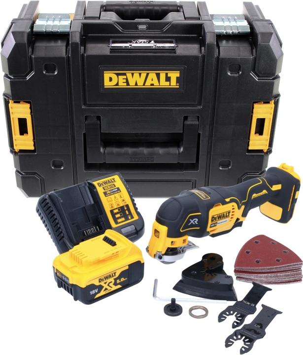 Actual product image DeWalt DCS 355 P1 Battery Oscillator Multitool 18 V Brushless + 1x Battery 5.0 Ah + Charger + 29 pcs Z
