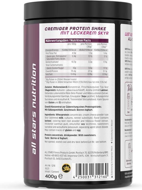 Nährwerte und Zutaten All Stars Skyr Protein (Joghurt, Beerenmischung, 1 Stk., 500 g)