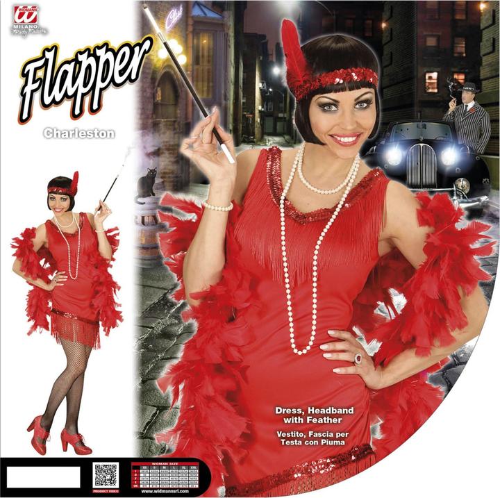 Image du produit Widmann Robe Charleston à franges avec gants, bandeau et plumes rouges (S, M, L)