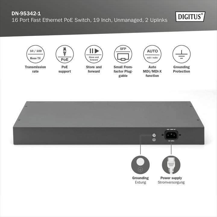 Immagine prodotto Digitus 16 Port Fast Ethernet PoE Switch, 19 Inch, Unmanaged, 2 Uplinks (16 Porti)
