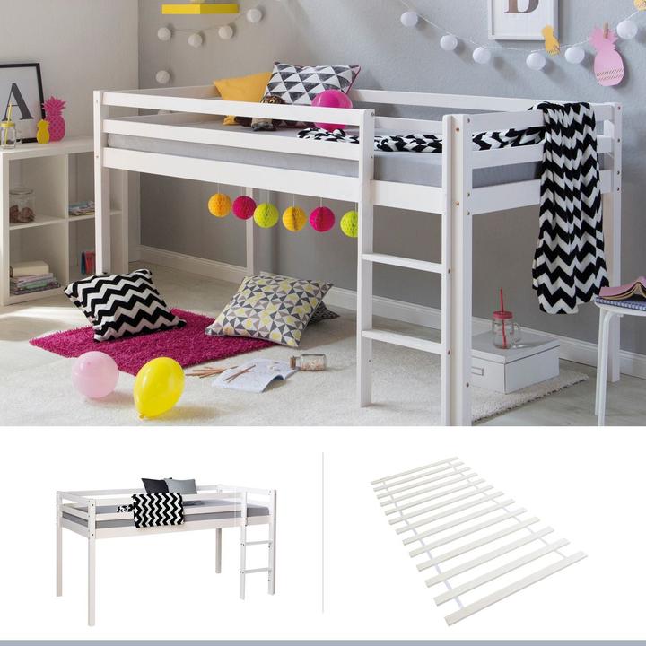 Produktbild Floki24 Hochbett Spielbett Kinderbett mit Lattenrost Leiter Holz Massiv, weiss - 90x200 cm (90 x 200 cm)