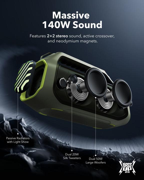 Produktbild soundcore Głośnik bezprzewodowy Boom 2 Plus 140W Zielony (20 h, Batteriebetrieb)