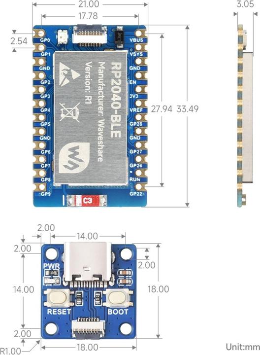 Actual product image WaveShare RP2040-BLE Raspberry Pi Pico based with Bluetooth 5.1