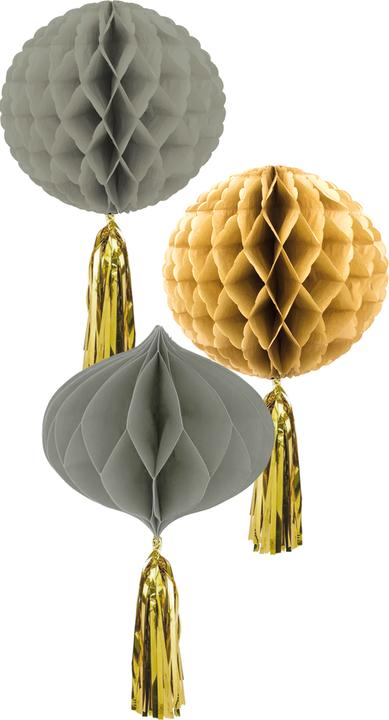 Actual product image Folat Hanging Decoration Set of 3 Honeycomb Balls with Gold Fringe 30cm Each