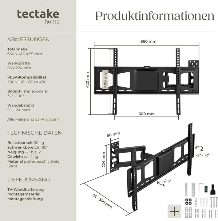 Image du produit tectake Support mural pour TV (Mur, 60", 60 kg)