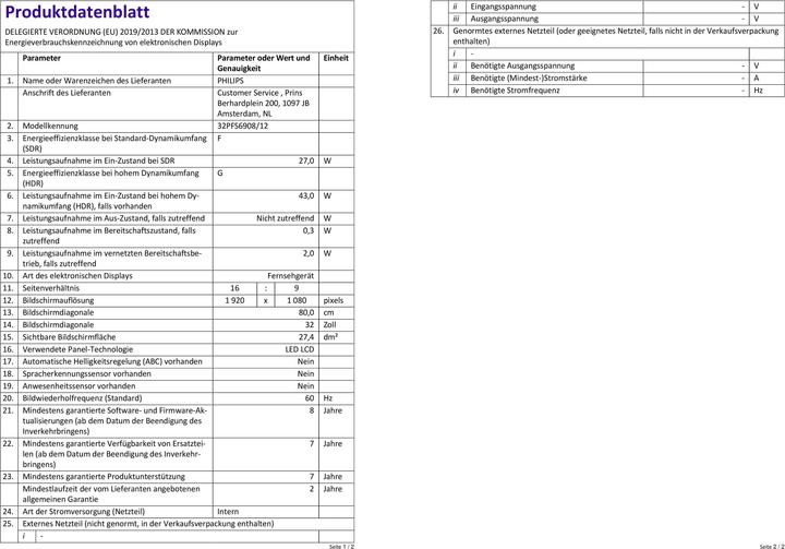 Nutritional values and ingredients Philips 32PFS6908/12 (32", PFS6908, LED, Full HD, 2023)