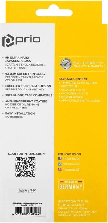 Produktbild prio Premium Bildschirmschutz aus gehärtetem Glas (1 Stück, Apple iPhone 12 Pro Max)