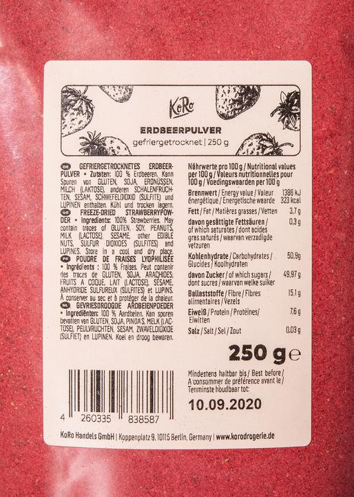Valeurs nutritives et ingrédients KoRo Poudre de fraise (250 g)
