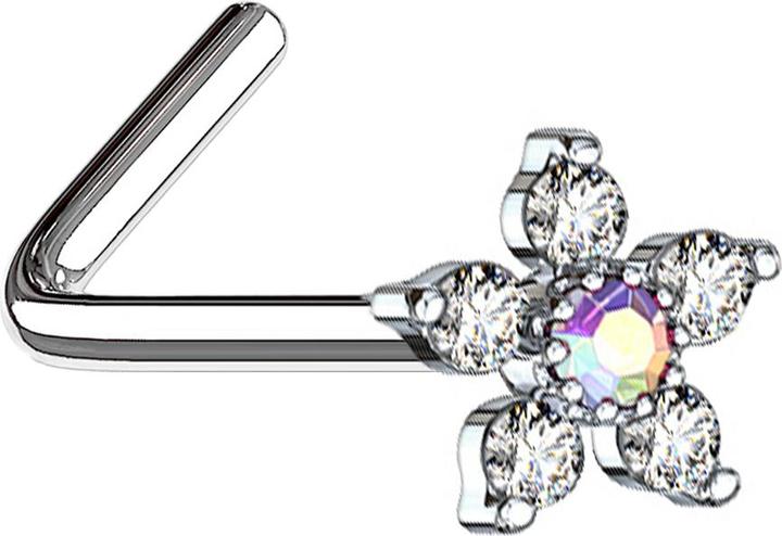Produktbild Star Piercing Nasenstecker gewinkelt silber Blume mit Kristall multicolor und silber (Chirurgenstahl 316L, Messing)