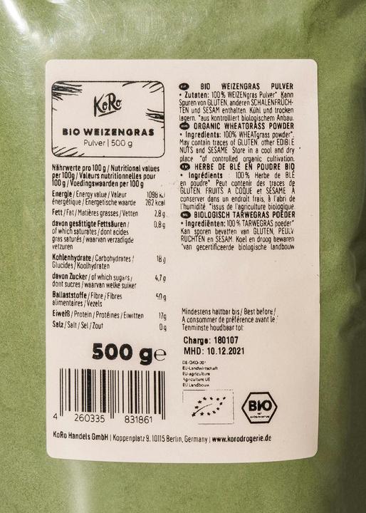 Nutritional values and ingredients KoRo Organic wheatgrass powder (500g) (1 Piece, Powder, 500 g)
