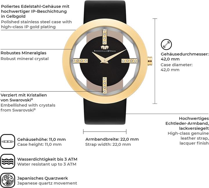 Immagine prodotto Orologio al quarzo da donna Lucrezia in vera pelle nera - 4336 (Orologio da polso analogico, 42 mm)