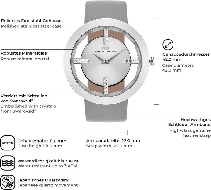 Actual product image Ladies quartz watch Lucrezia genuine leather gray - 5128 (Analogue wristwatch, 42 mm)