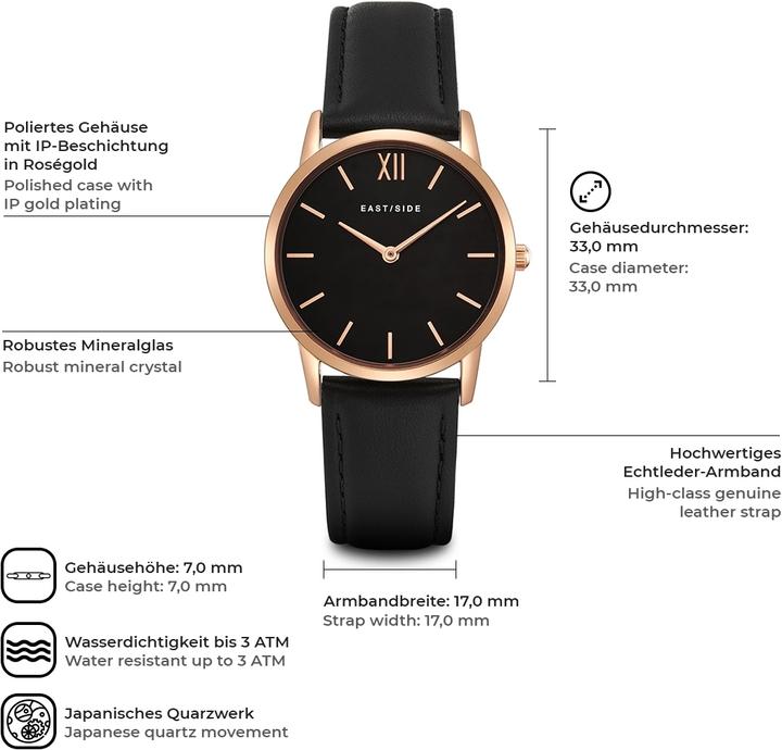 Actual product image Eastside Ladies quartz watch Upper Union genuine leather black - 9762 (Analogue wristwatch, 33 mm)