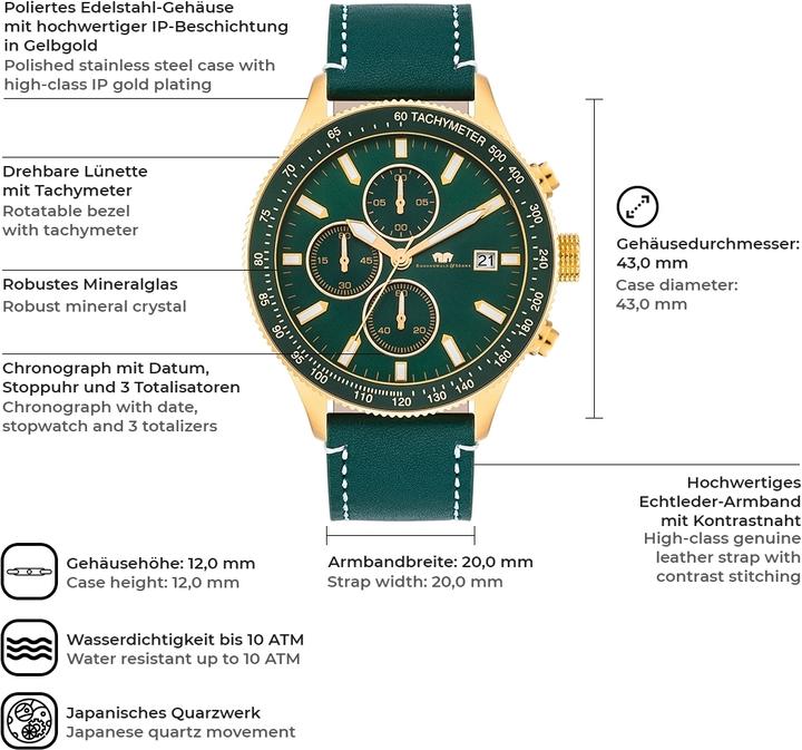 Actual product image Men Chronograph Carthago II genuine leather green - 23554 (Chronograph, 43 mm)
