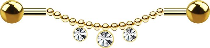 Image du produit Star Piercing Barbell plaqué or deux boules chaîne trois cristaux argent (sans laiton, Acier chirurgical 316L)