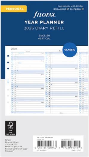 Produktbild Filofax Einlage Personal Jahresplaner 2026 englisch, vertikal (Kein Einband, Englisch)