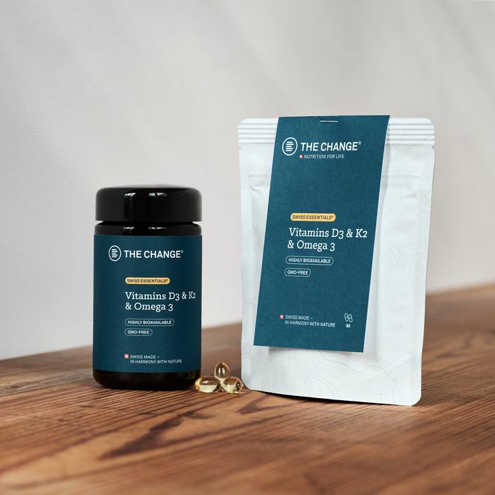 Image du produit BE THE CHANGE Vitamines D3 & K2 & Oméga 3 (sachet de recharge) (90 pièce(s), Capsules, 53 g)