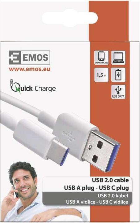 Actual product image Emos USB cable 2.0 A plug - C plug 1.5m, white (1.50 m, USB 2.0)