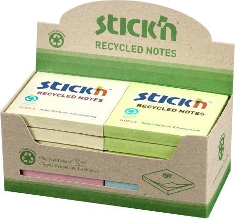 Produktbild B.N.T. Notes Stick'N Recycled 4 verschiedene Farben 76x76mm 100 Blatt 12 Stück - (12 Blöcke pro Packung)