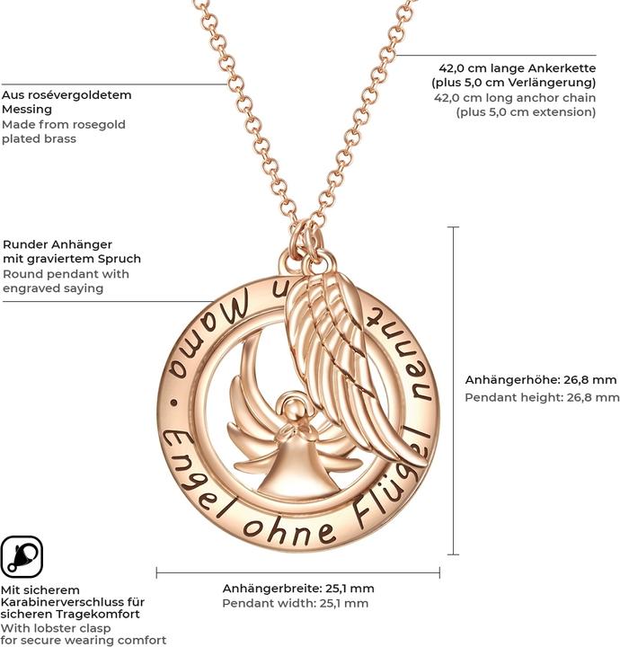 Immagine prodotto Rafaela Donata Donna angelo/ala in ottone oro rosa 42,0 cm di catena base + 5,0 cm di prolunga - 10888 (Ottone, 42 - 47 cm)
