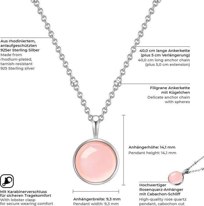 Produktbild Glanzstücke München Damen Sterling Silber Rosenquarz silber 40,0 cm Basiskette + 5,0 cm Verlängerung - 11042 (925er Silber, 40 - 45 cm)