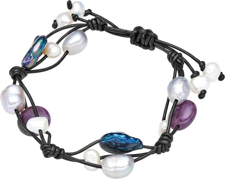 Image du produit Valero Pearls Femme Cuir véritable Améthyste Perle d'eau douce noire 16,0 - 24,0 cm, réglable - 3296 (24 cm, Cuir véritable)