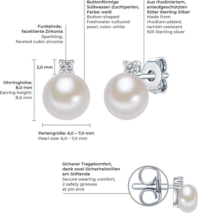 Produktbild Valero Pearls Damen Sterling Silber Zirkonia Süsswasser-Zuchtperle silber - 3262 (Sterling Silber)