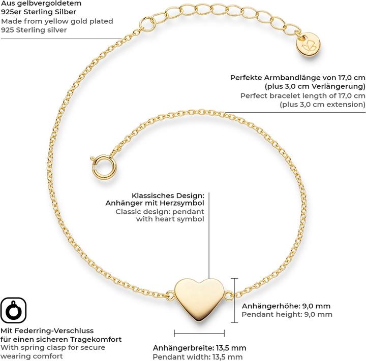 Image du produit Glanzstücke München Femme coeur argent sterling or jaune 17,0 cm longueur de base + 3,0 cm extension - 9528 (17 cm, Argent Sterling)