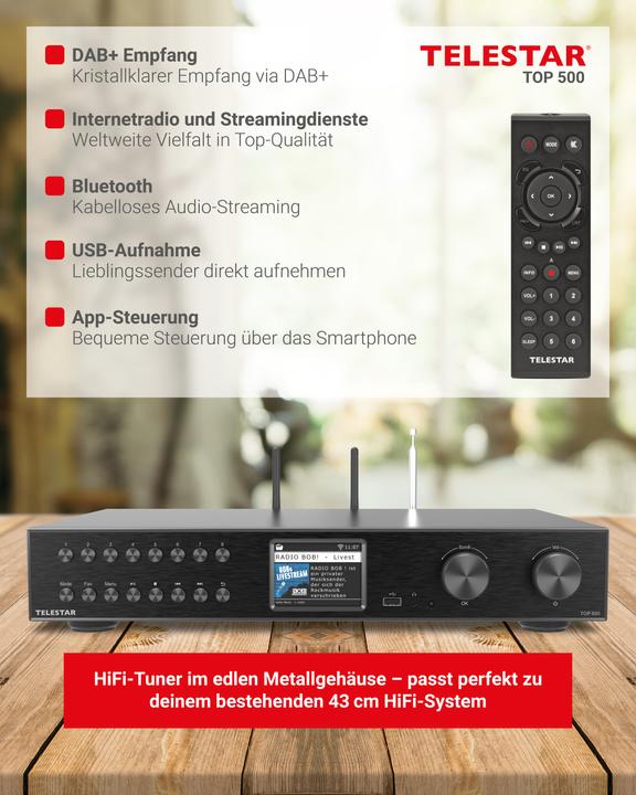 Immagine prodotto Telestar TOP 500 sw HiFi-Tuner 43cm,Internet/DAB+/UKW,Streaming,BT,HM (Sintonizzatore radio)