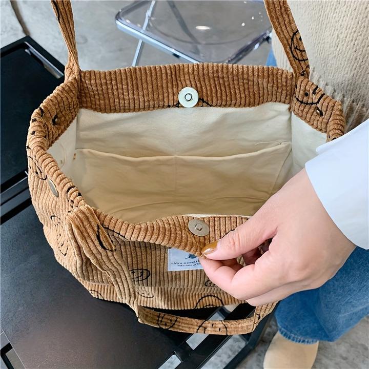 Image du produit Only-Bags.Store Sac fourre-tout rétro en velours côtelé, sac à bandoulière imprimé d'un visage souriant, sac à main