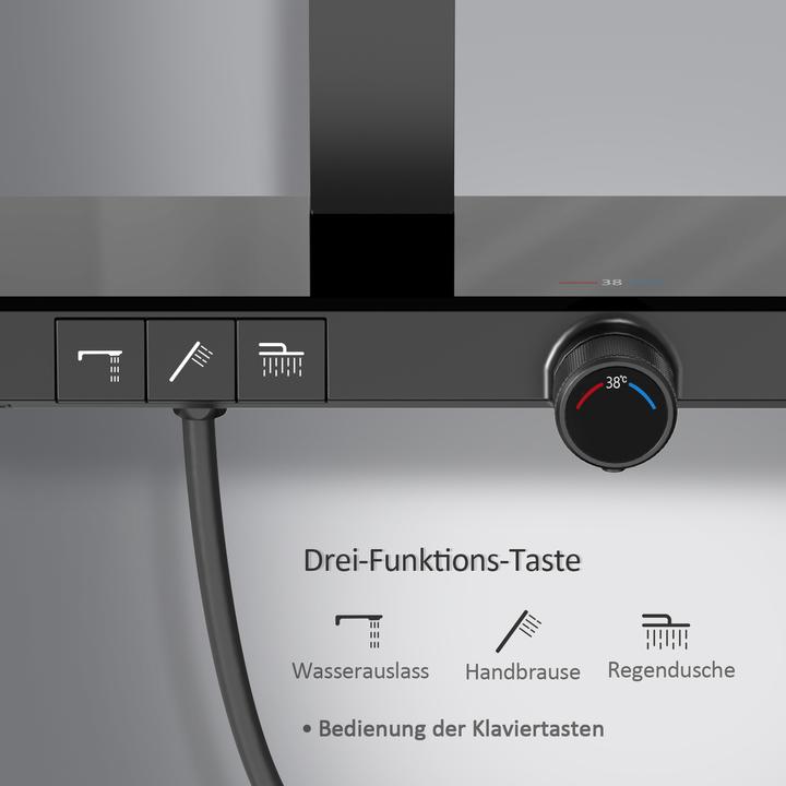 Produktbild Emke Duschsystem mit Thermostat, Handbrause + Regendusche(3 Strahlstärken) + Unterer Auslass, Schwarz