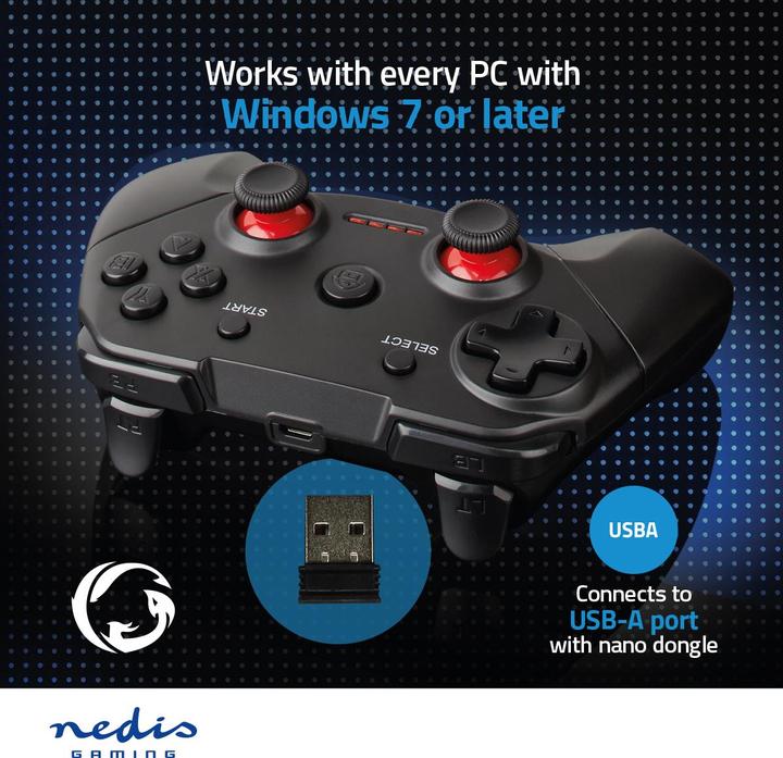 Actual product image Nedis Gamepad | Wireless | Battery-powered | PC | Number of buttons: 11 | Cable length: 1.00 m | Black (PC)