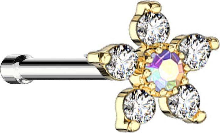 Immagine prodotto Star Piercing Nasenstecker gerade vergoldet Blume mit Kristall multicolor und silber (Acciaio chirurgico 316L, Ottone)