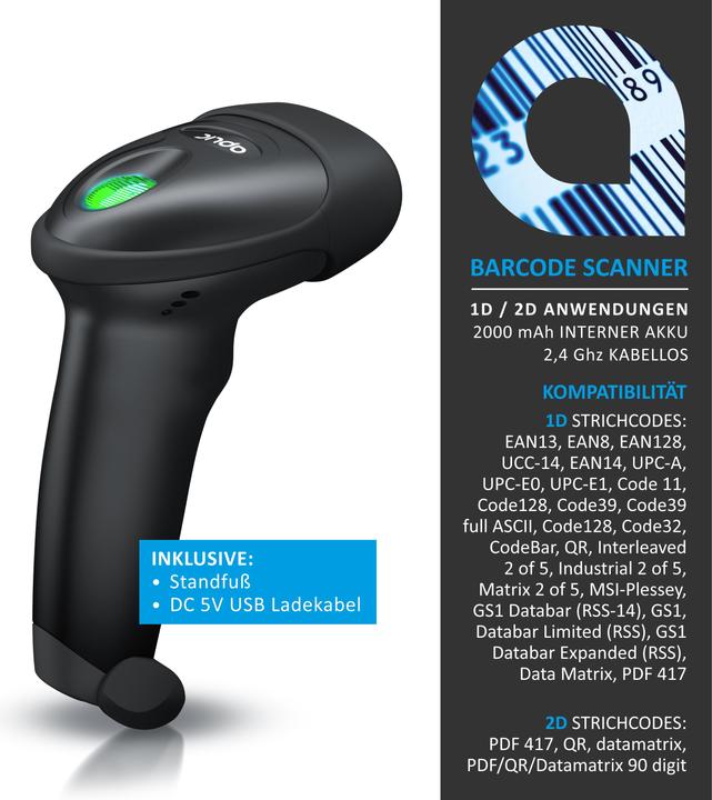 Actual product image Aplic Wireless barcode scanner, handheld scanner 2.4 GHz 1D 2D, 2000 mAh, barcode scanner incl. stand (1D barcodes, 2D barcodes)