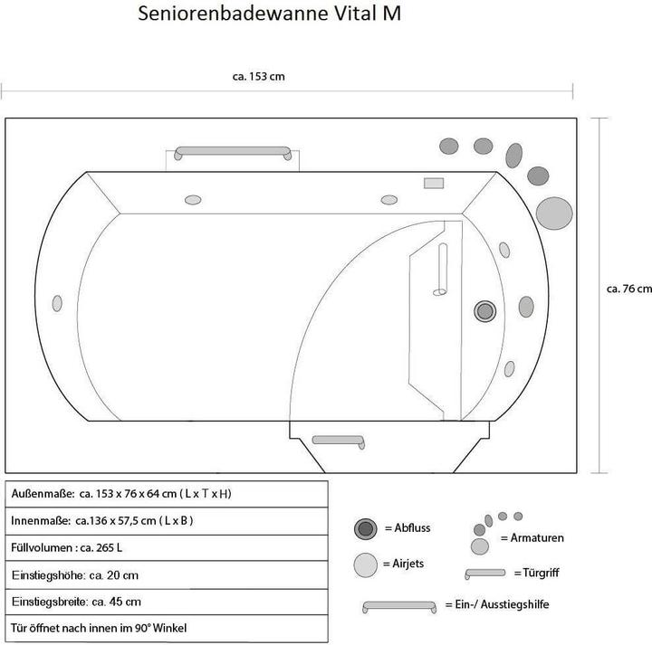 Produktbild Home Deluxe Seniorenbadewanne mit Massagedüsen Tür und Griff AUTARK M (rechts) - 153x76x64cm (76 cm, 153 cm)