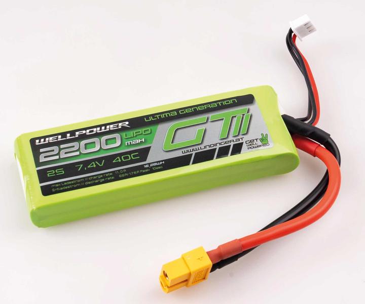 Produktbild Wellpower LIPO AKKU ULTIMA GT II 2200 mAh / 7,4 Volt 2S 40/80C CH-5/8 XT-60 (7.40 V, 2200 mAh)