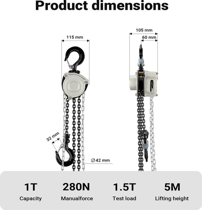 Actual product image Wiltec Kettenzug bis 1t Handkettenzug 5m Hubhöhe Tragmittel Hebezeug Hebelzug