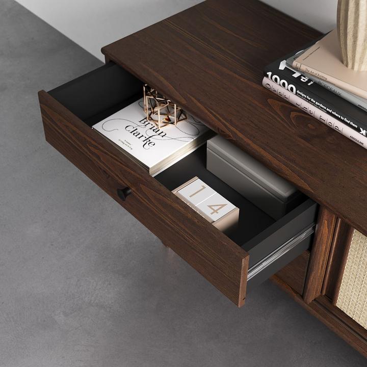Image du produit IDIMEX Lowboard SIMONA aus Kiefer Massivholz mit Rattangeflecht – Nussbaumoptik