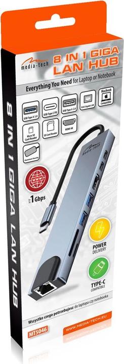 Actual product image Media-Tech USB HUB 8 IN 1 GIGA LAN HUB MT5046 (USB-C)