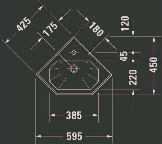 Immagine prodotto Duravit Lavabo angolare 1930 m ÜL HLB 595x450mm 1 foro per rubinetto bianco (450 mm, 595 mm)